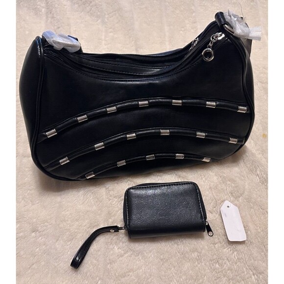 Unbranded Black Studded Shoulder Hobo Vegan Leather Bag Bonus CC Case Pockets - Picture 1 of 16